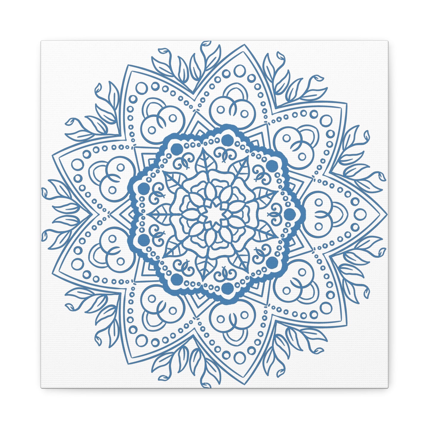 A beautiful handmade mandala design wall art in steel blue color, printed on matte canvas, stretched and framed with a 125 inch frame