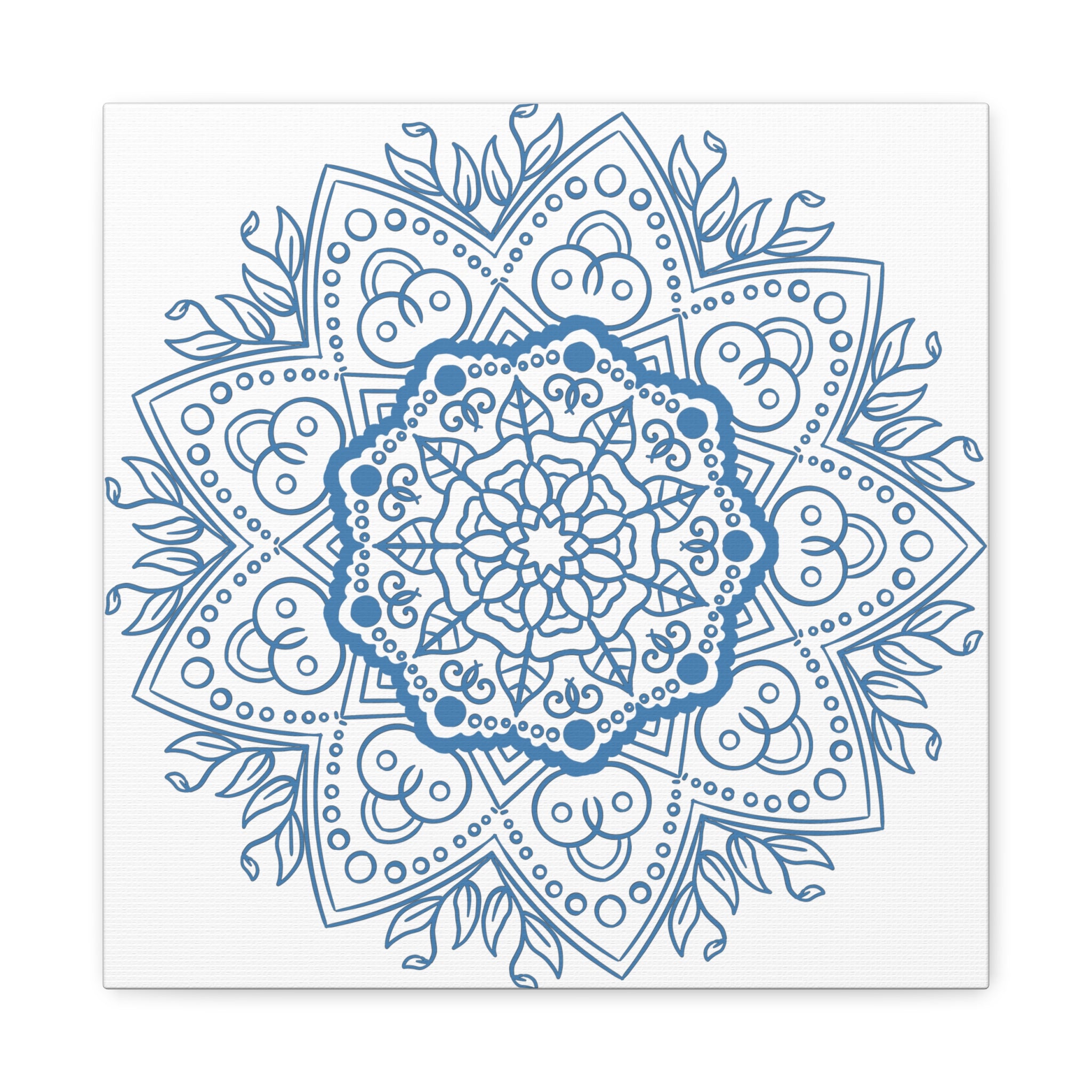 A beautiful handmade mandala design wall art in steel blue color, printed on matte canvas, stretched and framed with a 125 inch frame