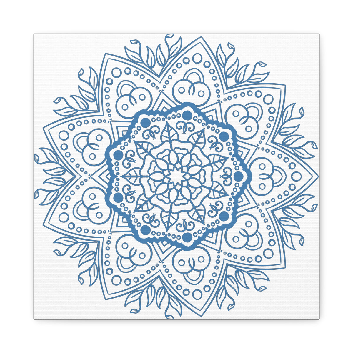 A beautiful handmade mandala design wall art in steel blue color, printed on matte canvas, stretched and framed with a 125 inch frame