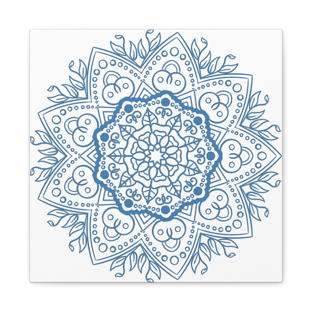 A beautiful handmade mandala design wall art in steel blue color, printed on matte canvas, stretched and framed with a 125 inch frame