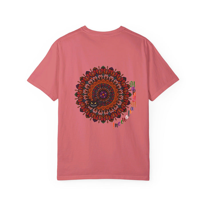 Handmade unisex garment-dyed tee featuring a pumpkin mandala art design perfect for Halloween festivities