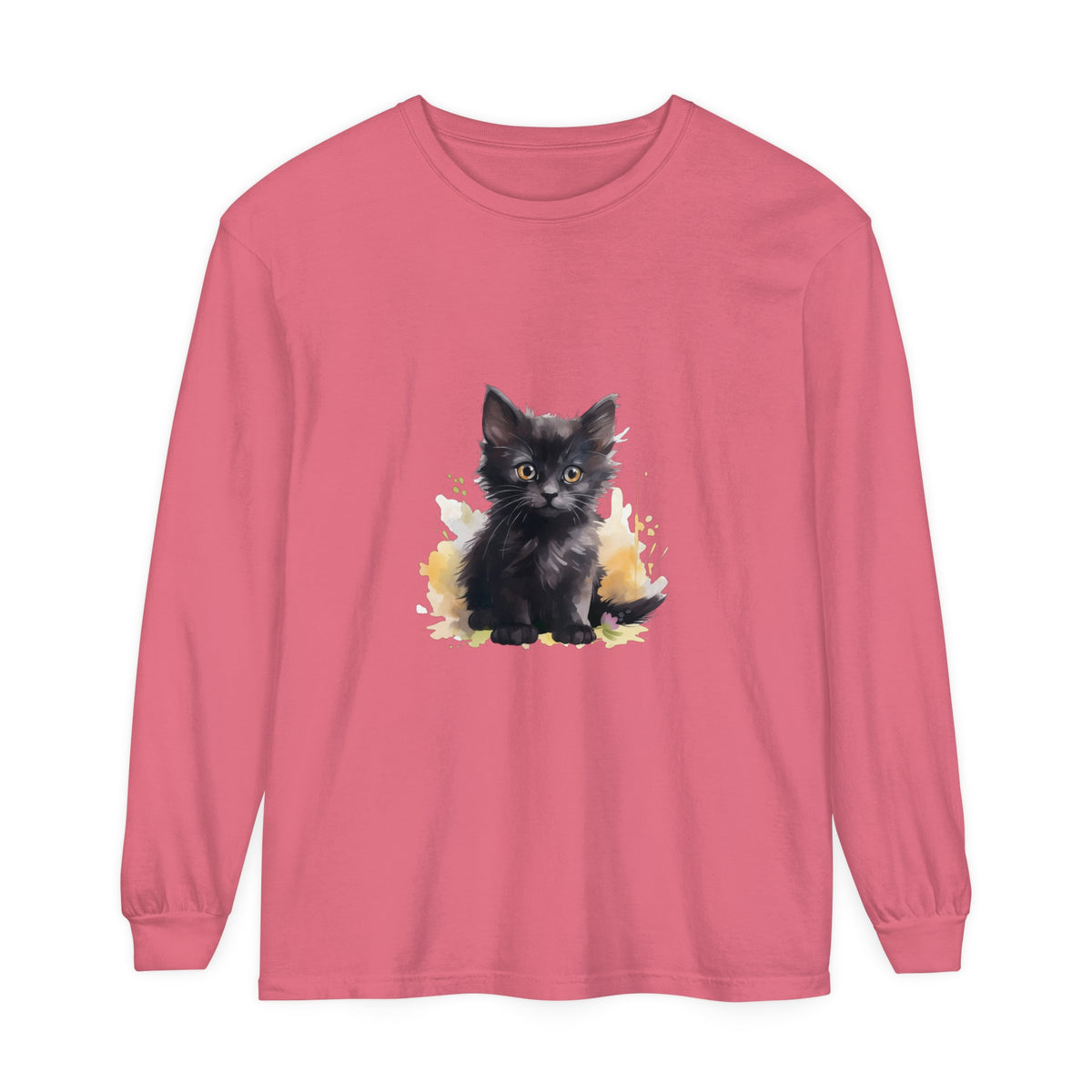 Black and white watercolor splash design featuring a cute kitten on a t-shirt