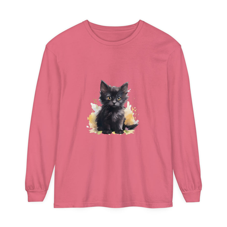 Black and white watercolor splash design featuring a cute kitten on a t-shirt