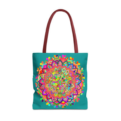 Colorful aquamarine tote bag with intricate mandala art design, perfect for carrying your essentials in style