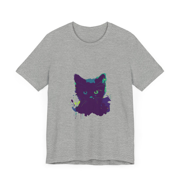 A close-up image of a black cat mystery watercolor t-shirt, featuring vibrant watercolor designs and a comfortable, stylish fit