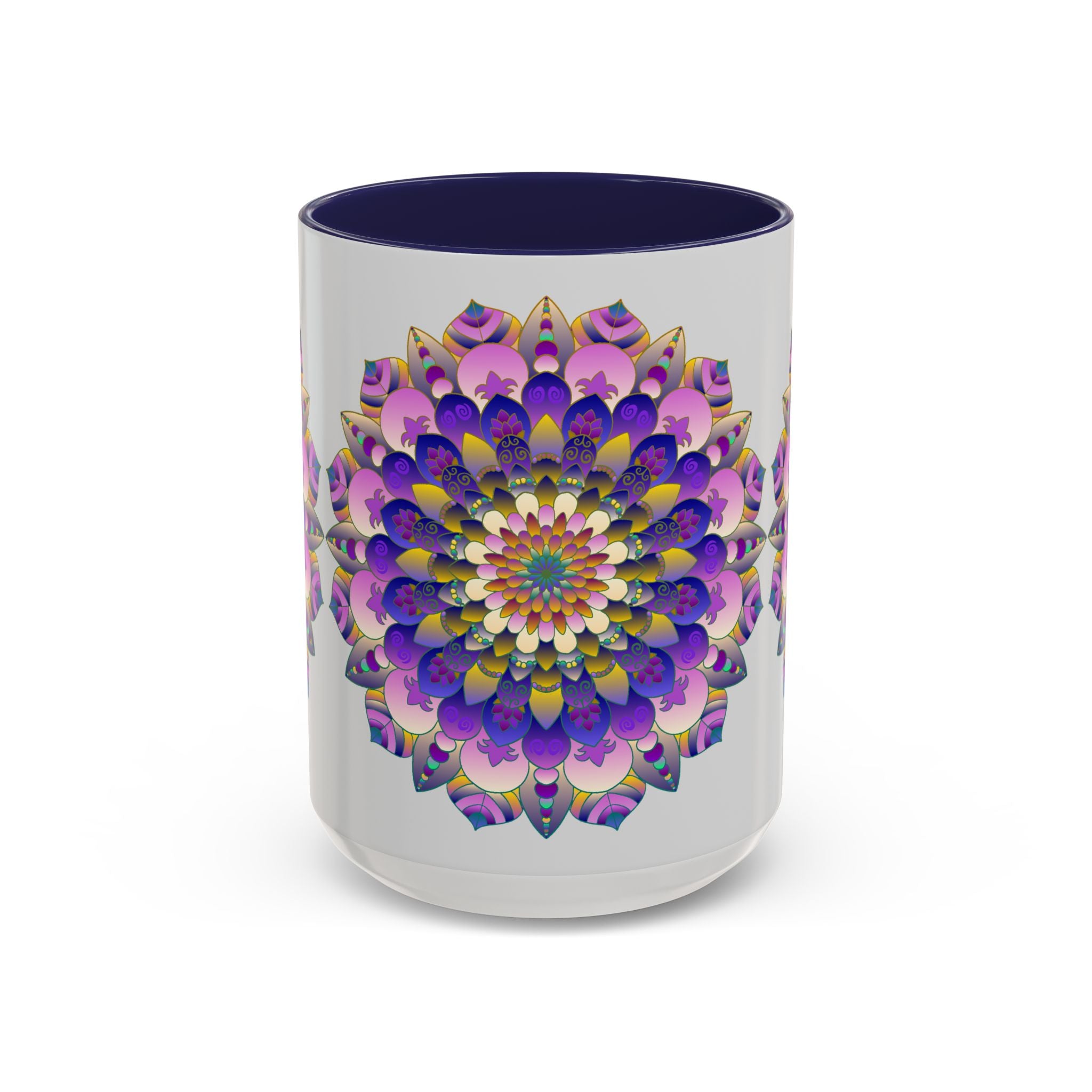 Mandala Art Mug with intricate and vibrant designs in various colors on a grey background, perfect for bringing a pop of color to your morning routine