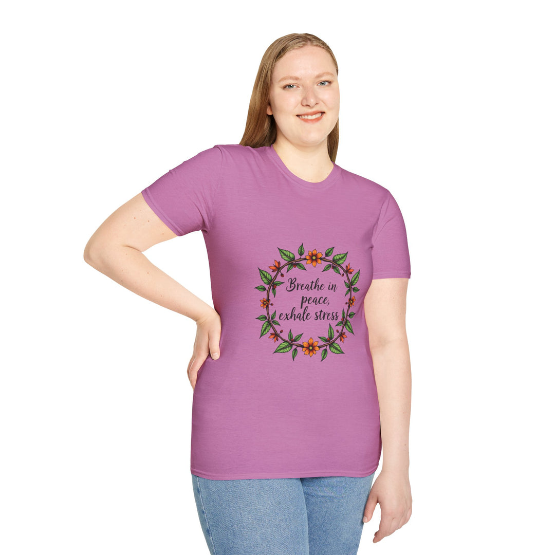 Women's white t-shirt with a beautiful floral garland design and the quote 'Breathe in Peace Exhale Stress' in black text, perfect for adding a touch of serenity to your wardrobe