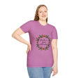 Women's white t-shirt with a beautiful floral garland design and the quote 'Breathe in Peace Exhale Stress' in black text, perfect for adding a touch of serenity to your wardrobe