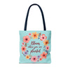 Beautiful floral tote bag with the inspirational quote 'Bloom Where You are Planted' available in 3 sizes