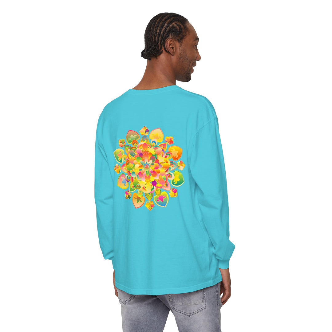 Colorful and intricate psychedelic mandala design on long sleeve t-shirt