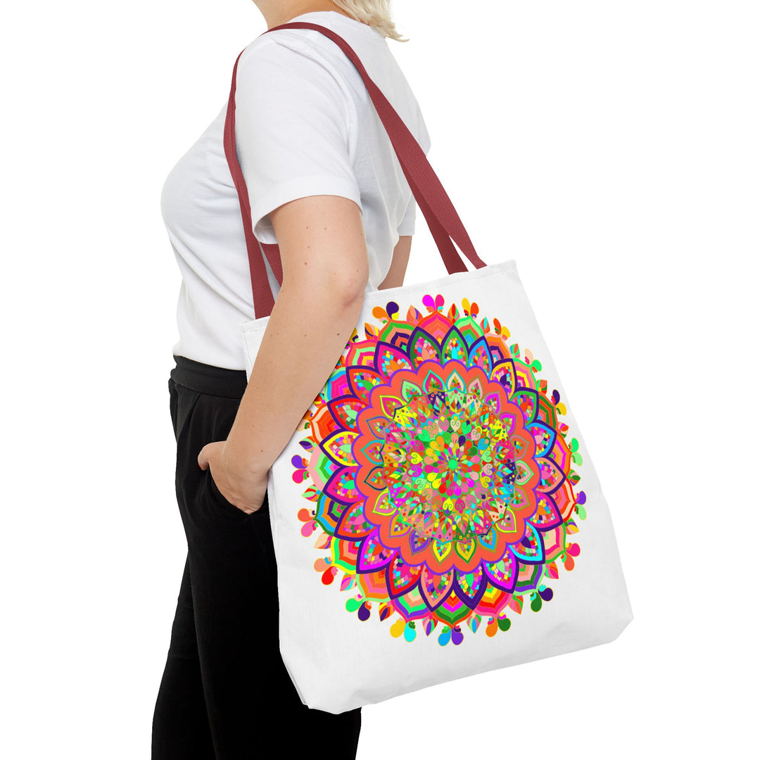 Vibrant and intricate mandala art featured on a high-quality tote bag