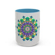 A beautiful light grey mug featuring a vibrant mandala art design