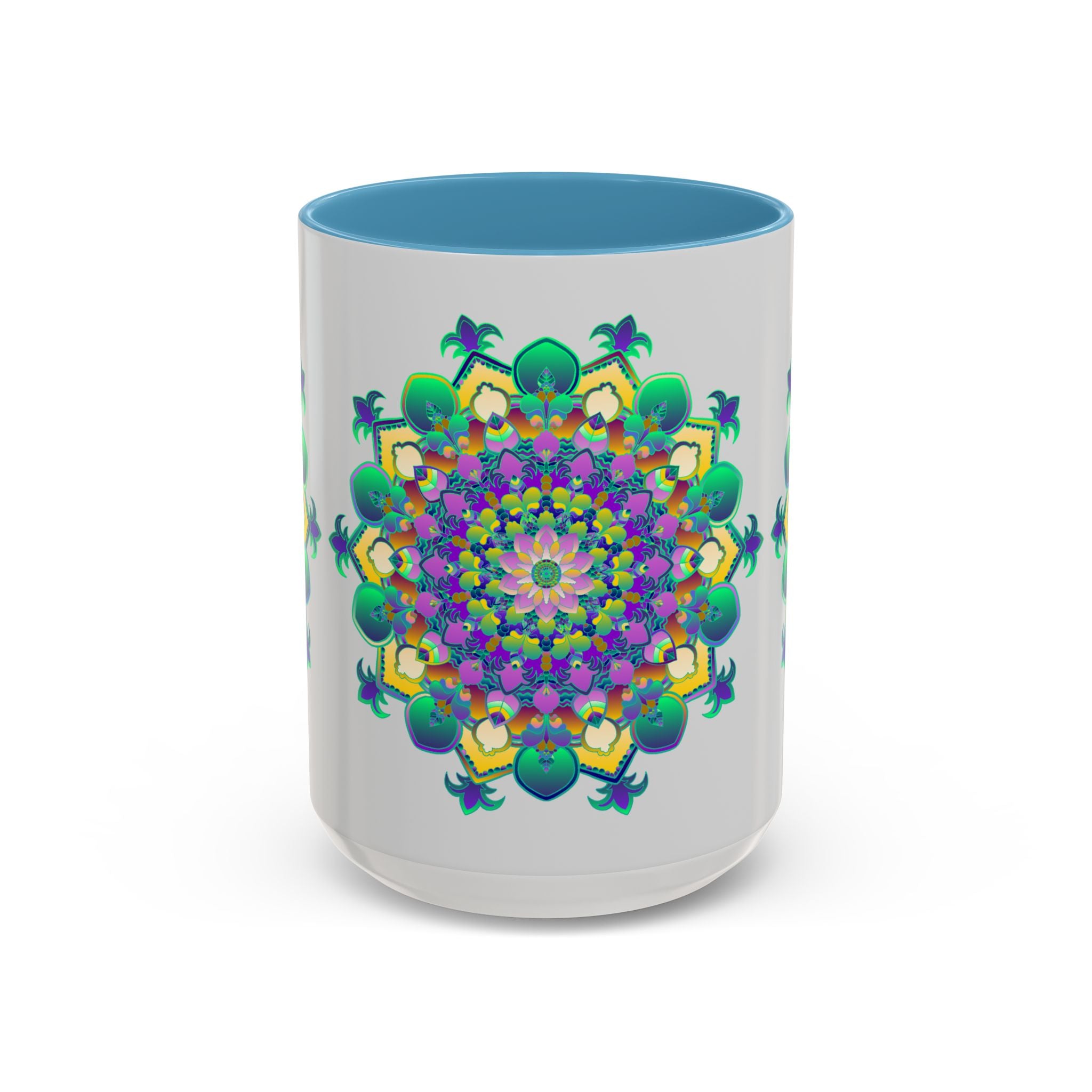 A beautiful light grey mug featuring a vibrant mandala art design