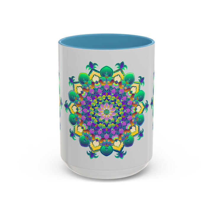 A beautiful light grey mug featuring a vibrant mandala art design