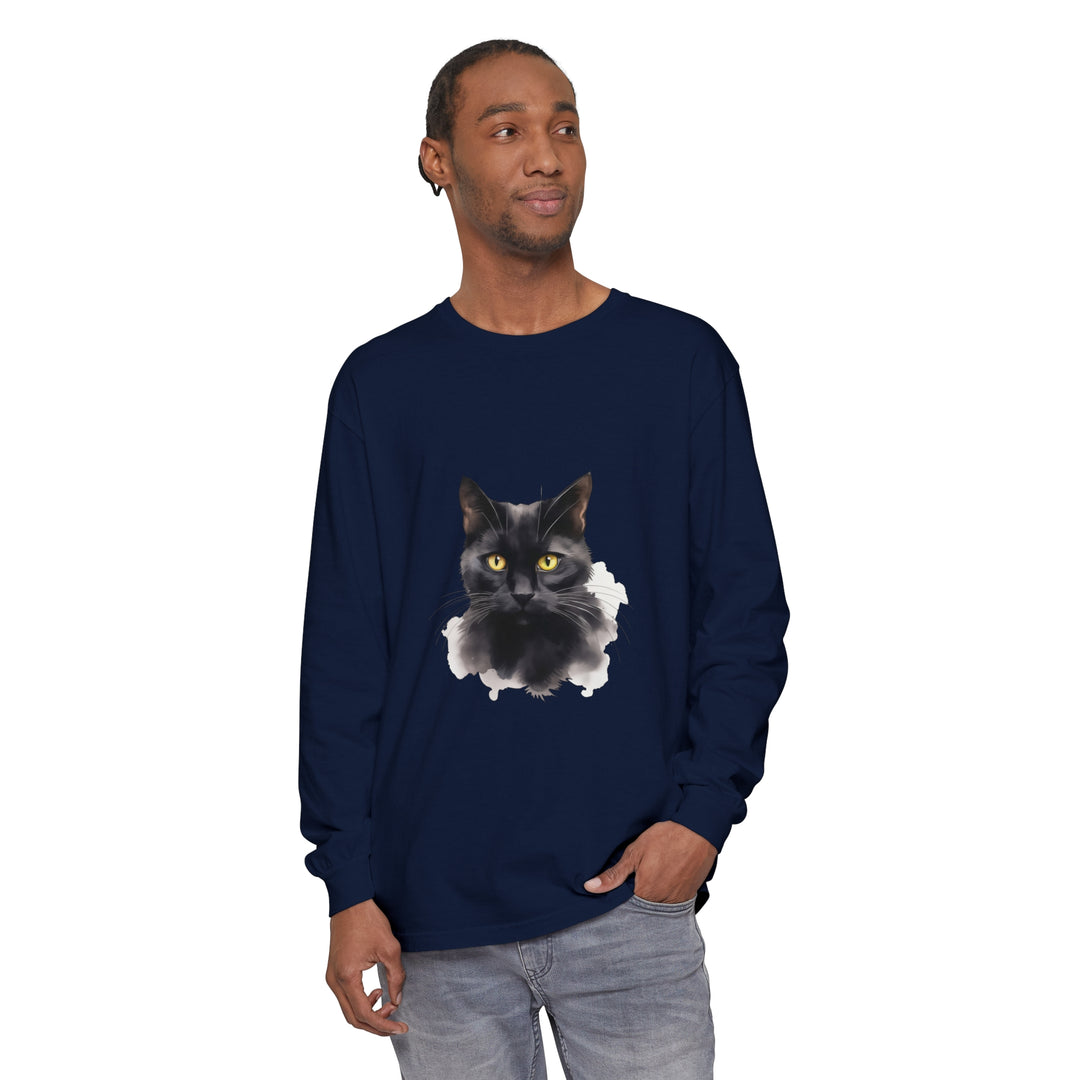 Black Cat Portrait Unisex Long Sleeve T-Shirt, featuring a detailed and realistic image of a black cat against a dark background, perfect for cat lovers and Halloween enthusiasts