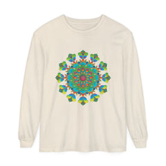 Vibrant and colorful long sleeve tie dye t-shirt featuring a psychedelic mandala design
