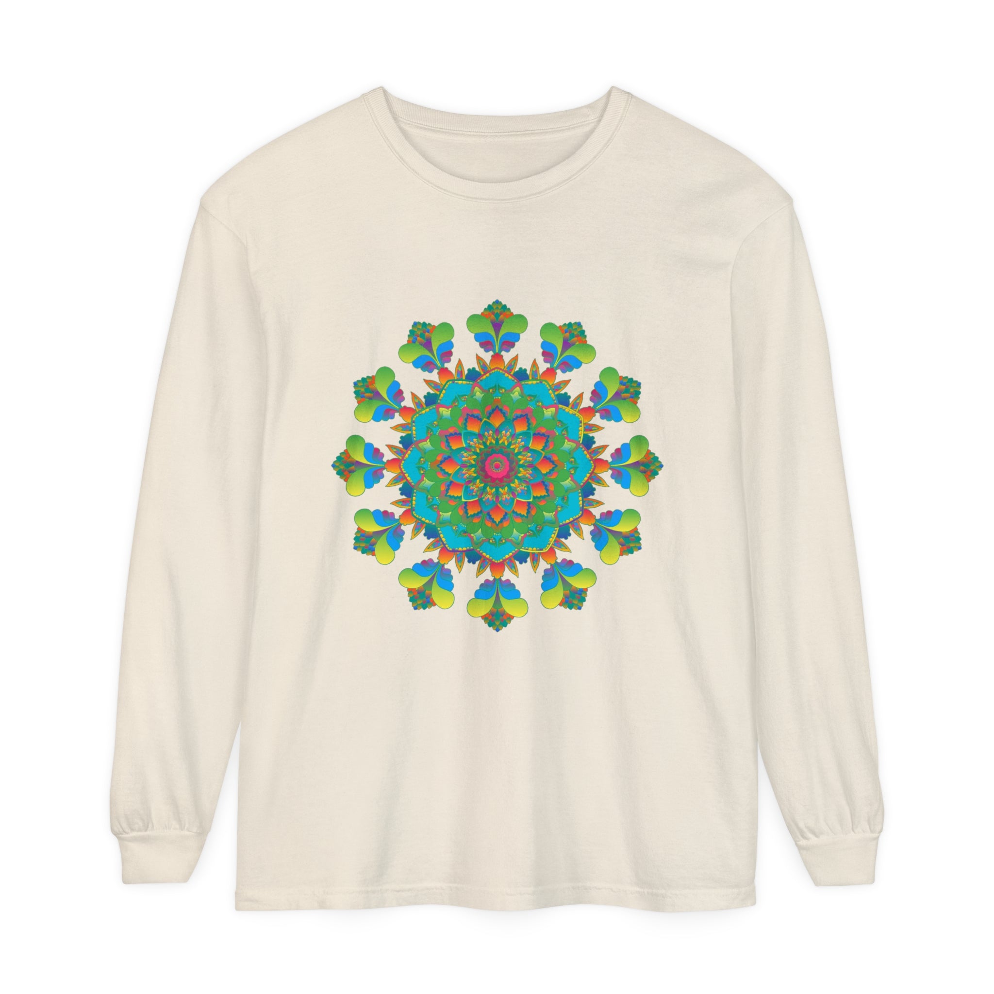 Vibrant and colorful long sleeve tie dye t-shirt featuring a psychedelic mandala design