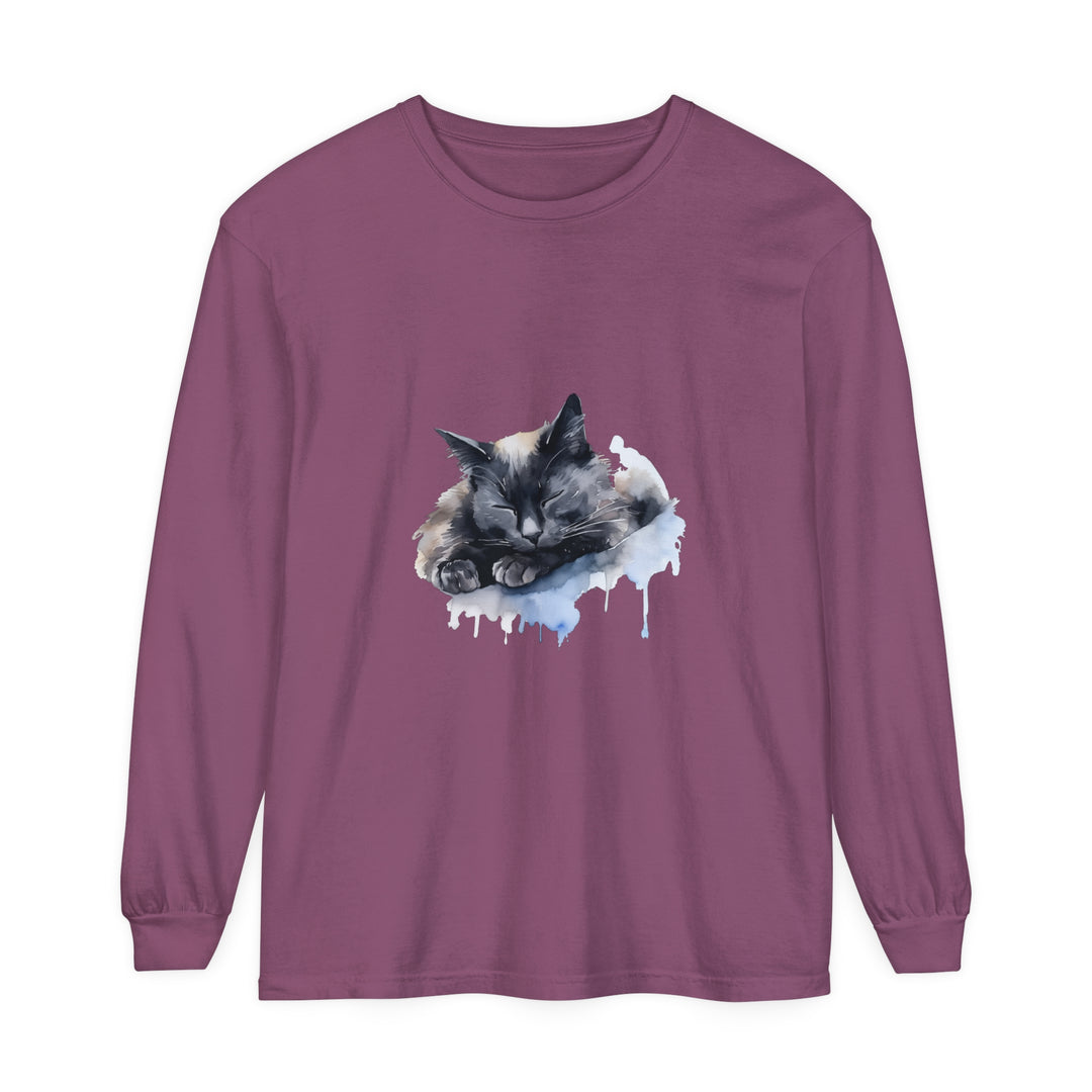 Beautiful watercolor illustration of a sleeping cat on a comfortable t-shirt