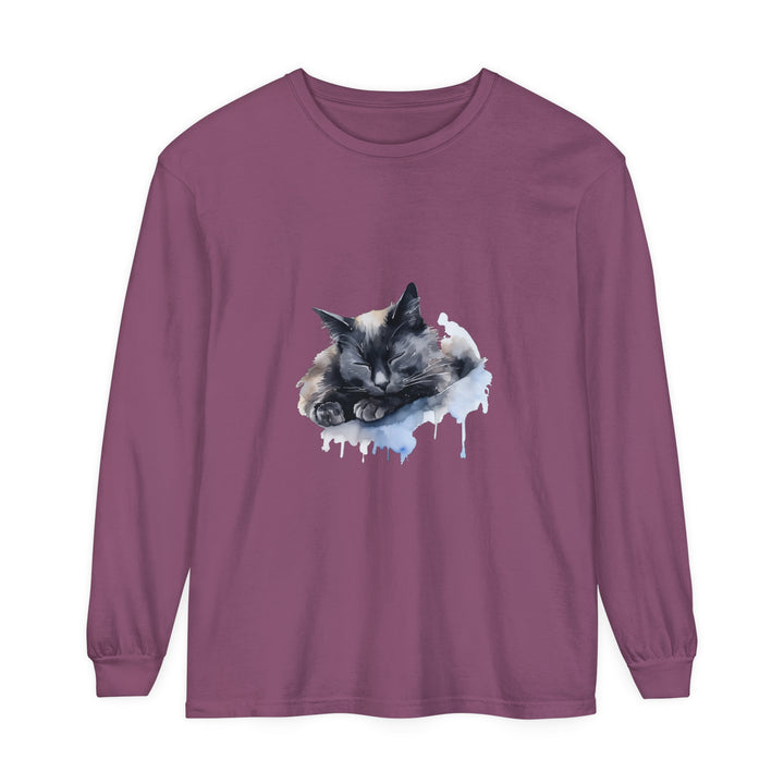 Beautiful watercolor illustration of a sleeping cat on a comfortable t-shirt