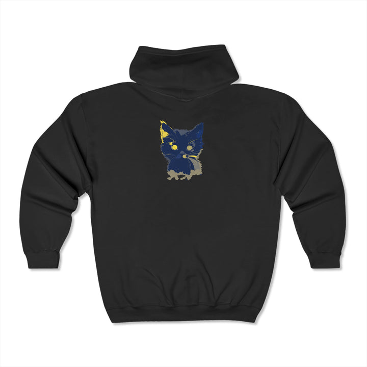 High-quality, vibrant watercolor hoodie with a mystical blue cat illustration