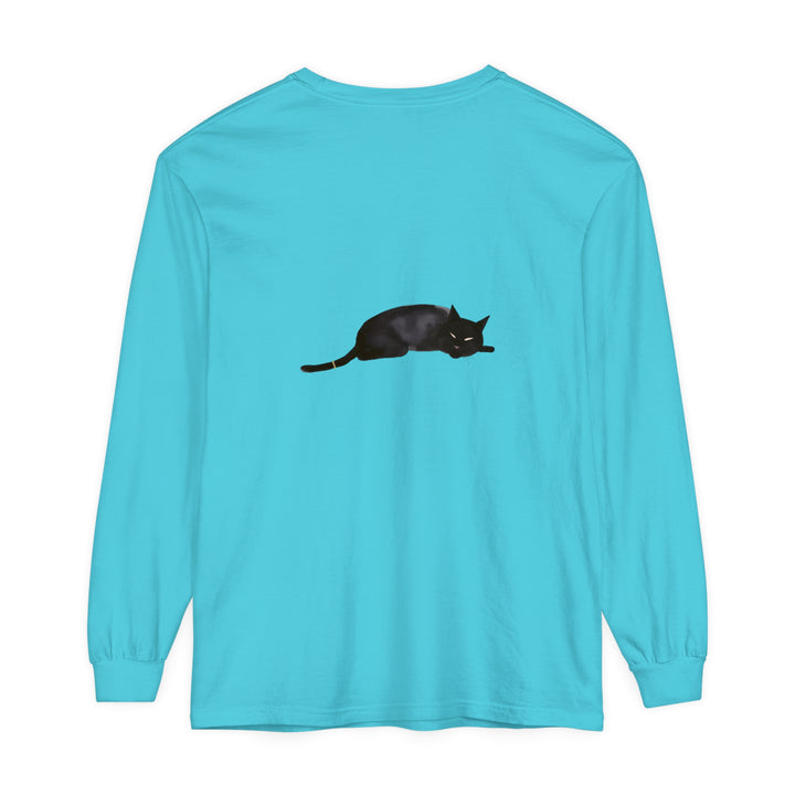 Black cat sleeping on a unisex long sleeve t-shirt, perfect for lounging and relaxing