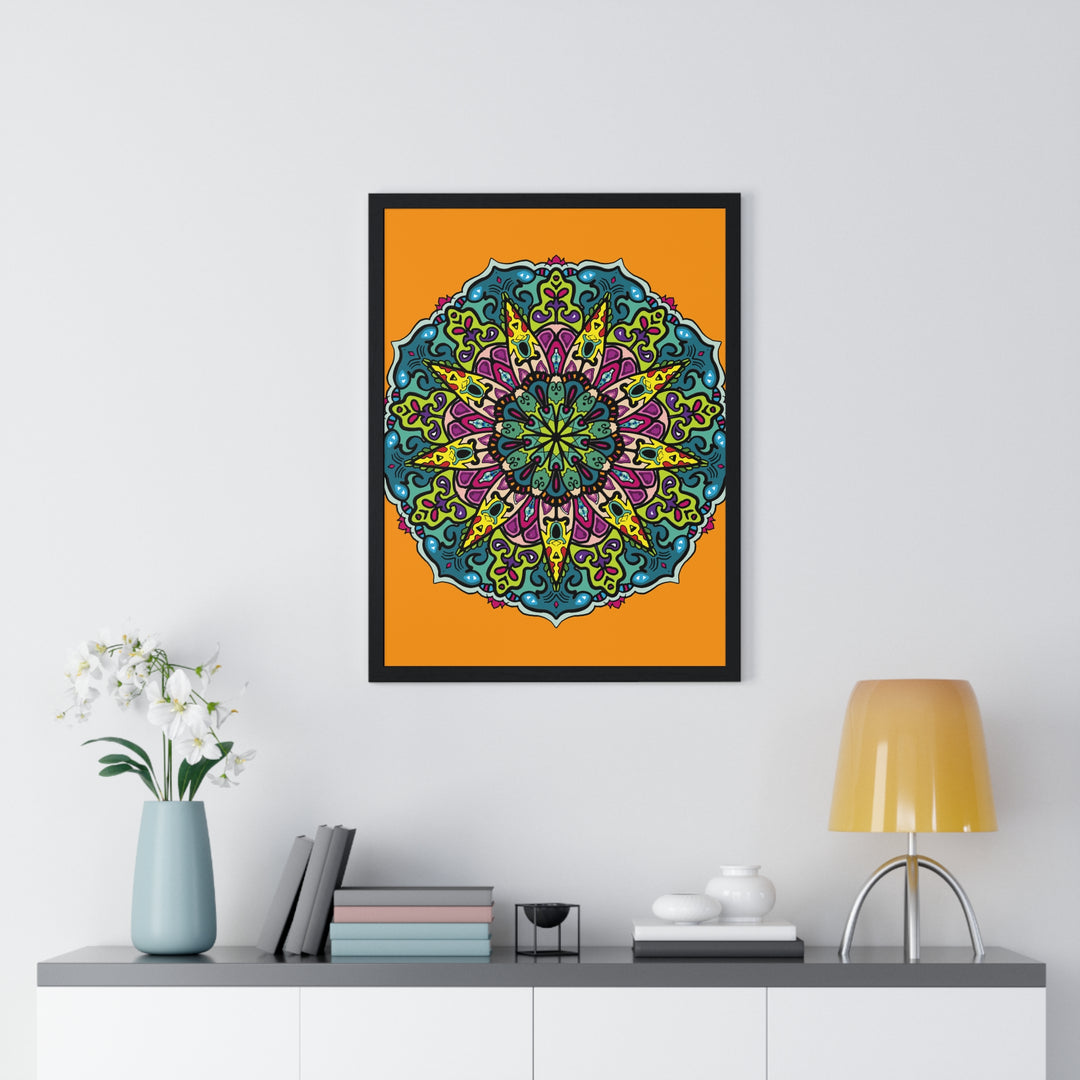 Vertical framed poster featuring a hand-drawn orange mandala art, perfect for mindfulness and yoga practices