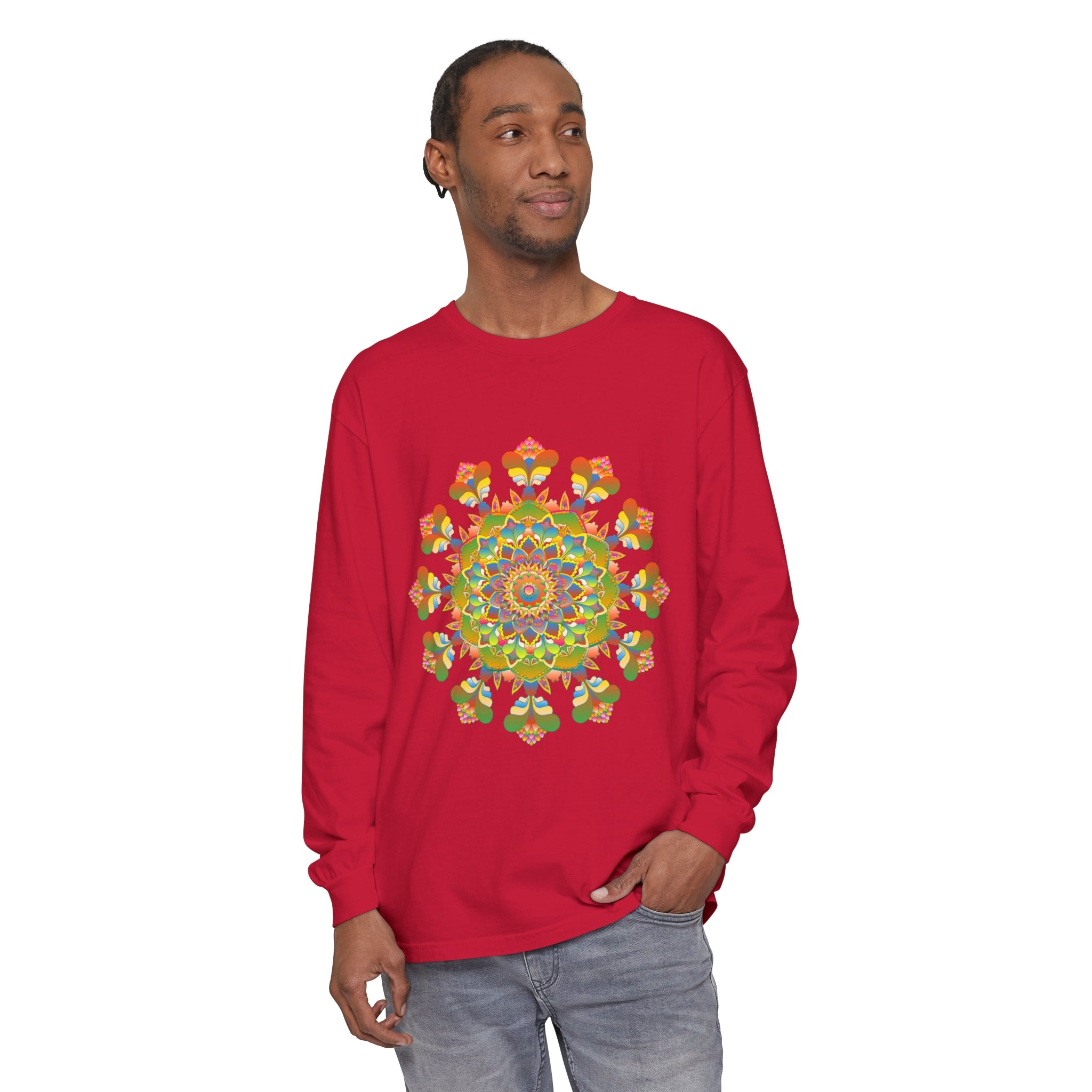 Vibrant mandala long sleeve t-shirt featuring colorful and intricate art design