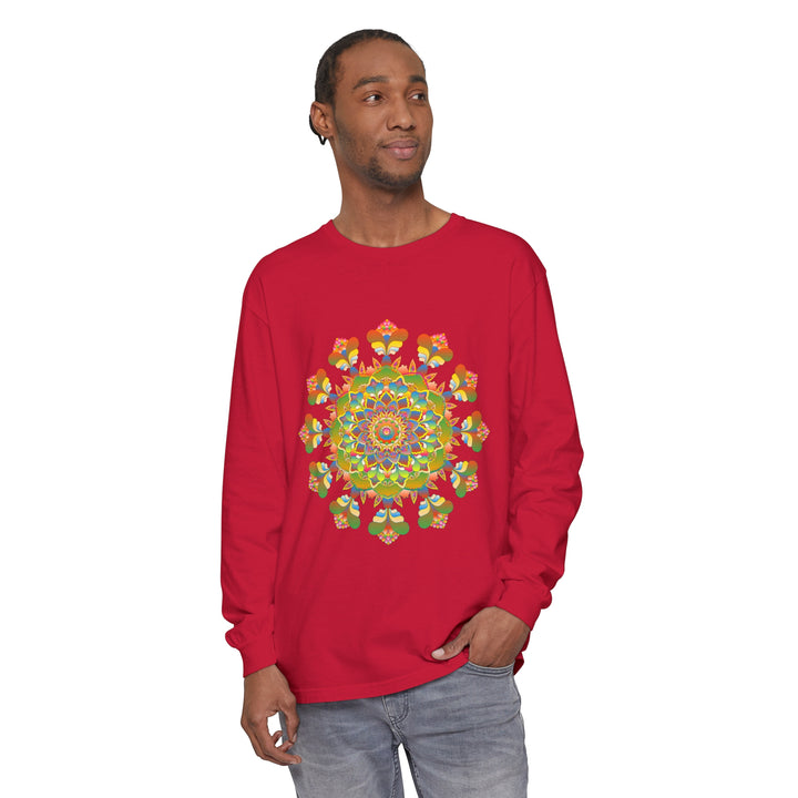 Vibrant mandala long sleeve t-shirt featuring colorful and intricate art design