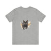 Black Cat Watercolor Sprint T-Shirt in black and white, featuring a vibrant watercolor print of a cat running, perfect for any feline lover's wardrobe