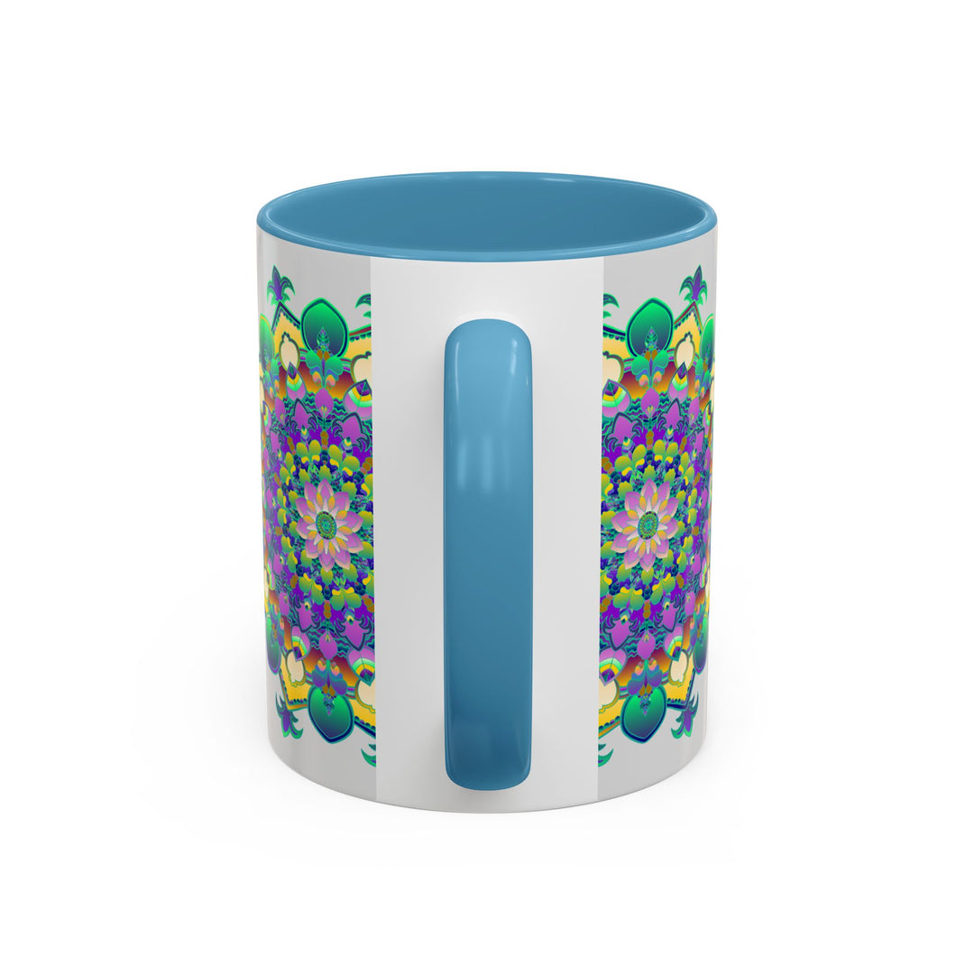 Vibrant mandala art mug in light grey with intricate, eye-catching design