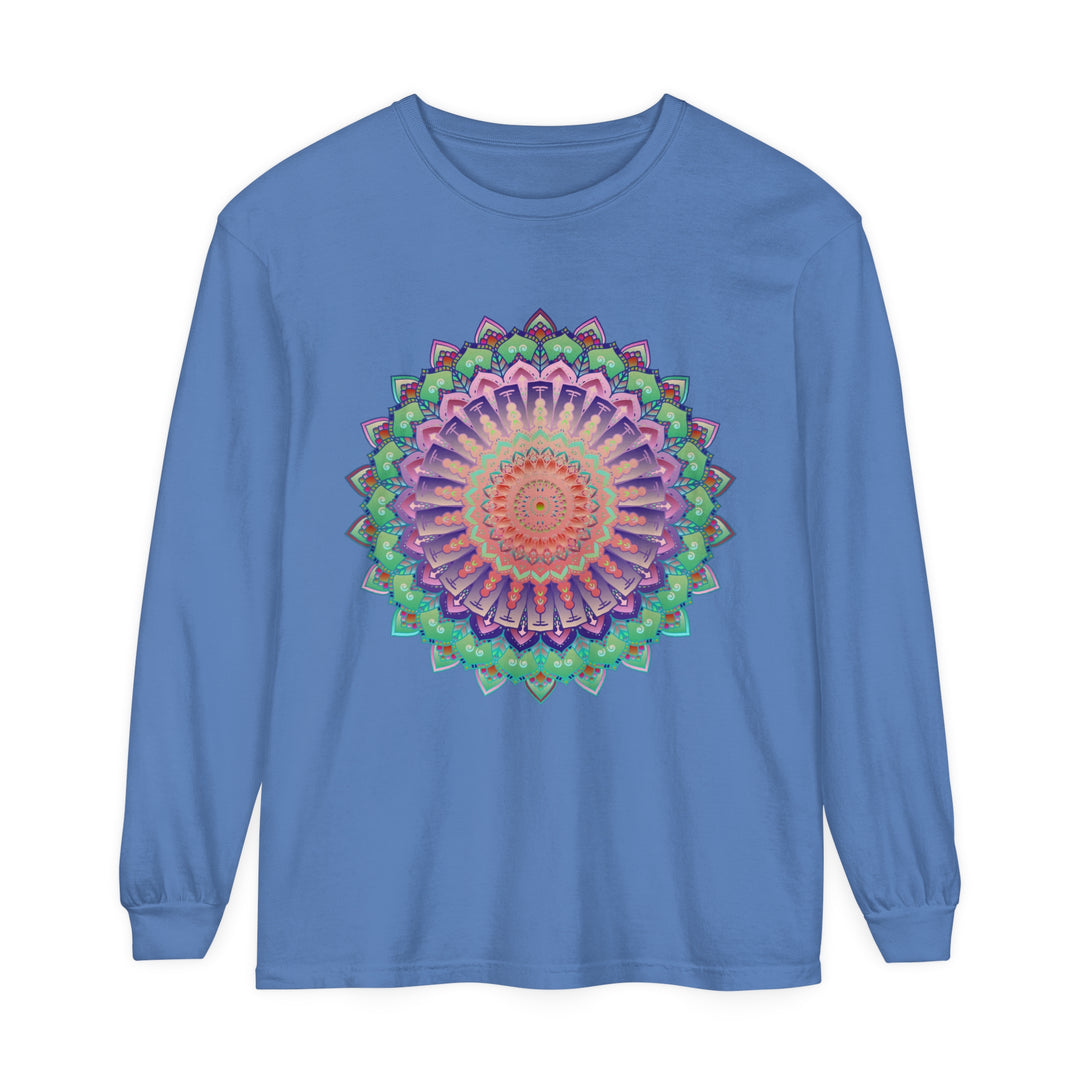 Vibrant Mandala Long Sleeve T-Shirt - Unisex: A colorful, eye-catching long sleeve shirt featuring a beautifully intricate mandala design, suitable for both men and women