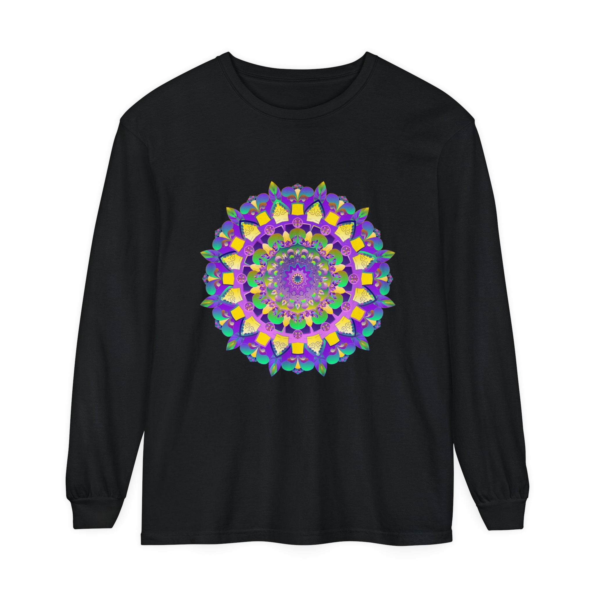 Colorful and detailed mandala design featured on a unisex long sleeve t-shirt