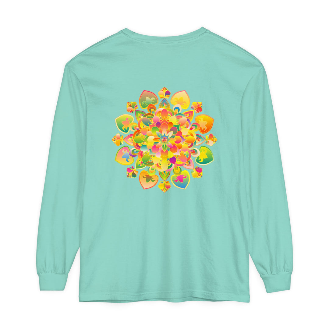 Hippie-inspired long sleeve shirt with intricate and colorful mandala pattern