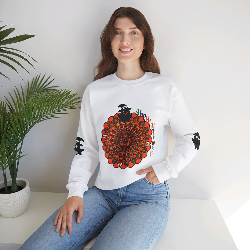 Unisex Heavy Blend™ Crewneck Sweatshirt featuring a cute ghost design, perfect for Halloween festivities and cozy autumn days