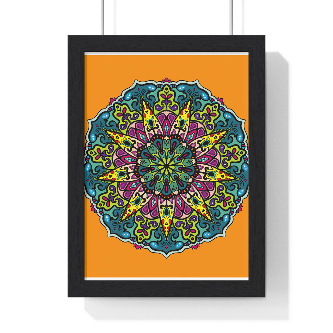 Vertical framed poster featuring a vibrant orange mandala, hand-drawn with intricate details, perfect for mindfulness and yoga decor