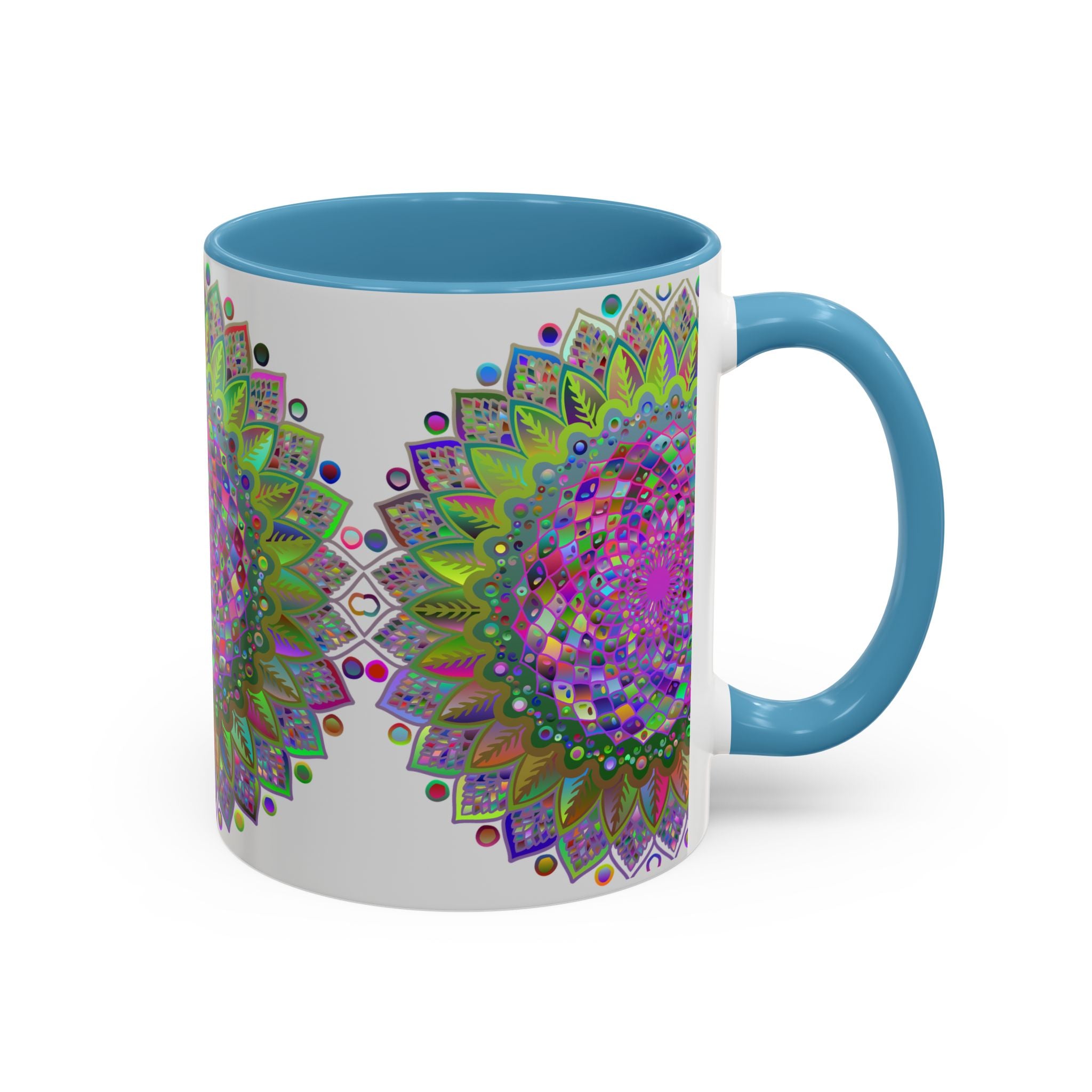 Vibrant and colorful psychedelic mandala design on a grey ceramic mug