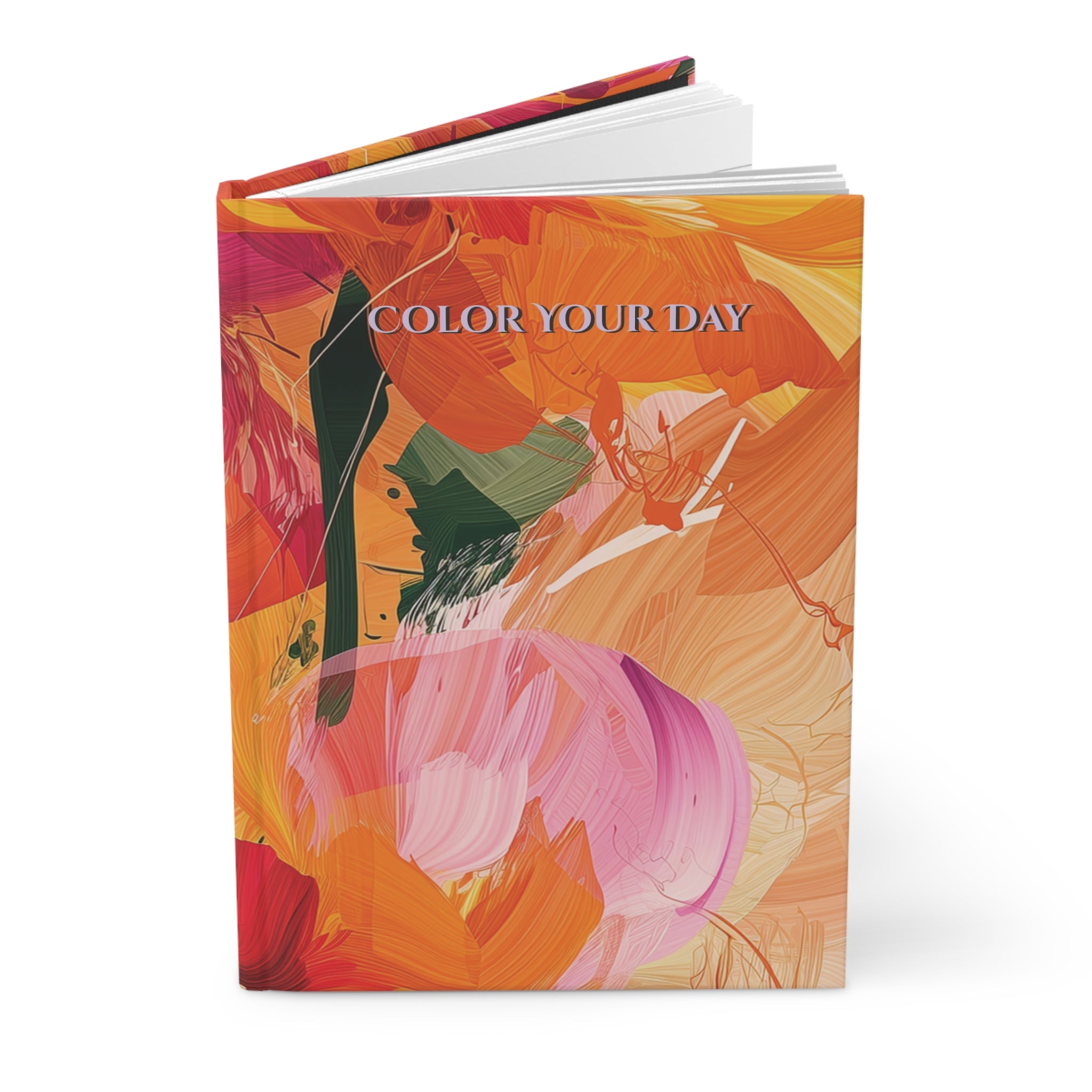 Abstraktes Notizbuch mit fließenden Pinselstrichen – Lebendige Blumen-, Orange-, Rosa- und Grüntöne