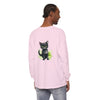 A stylish and artistic long sleeve t-shirt featuring a black cat watercolor design