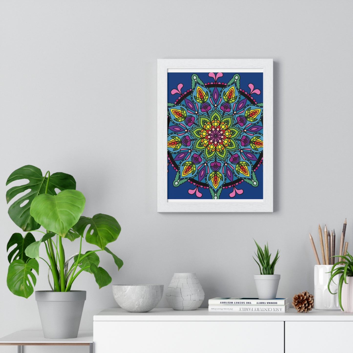 Beautiful vertical framed poster featuring a hand-drawn blue mandala, perfect for mindfulness and yoga