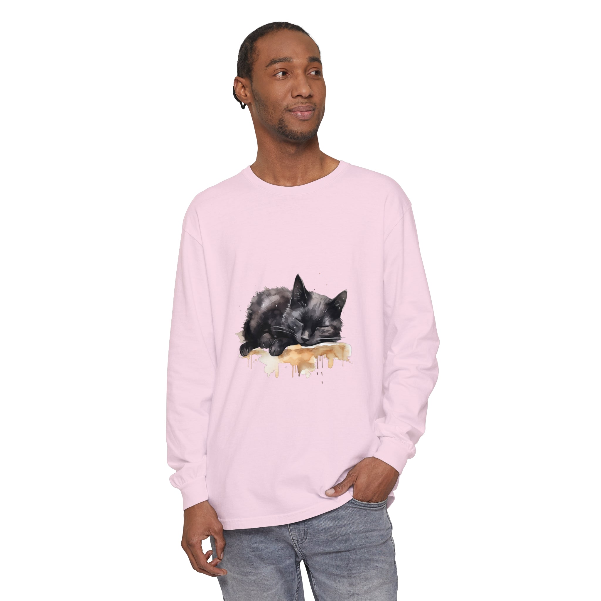 A detailed watercolor illustration of a sleeping black cat on a t-shirt