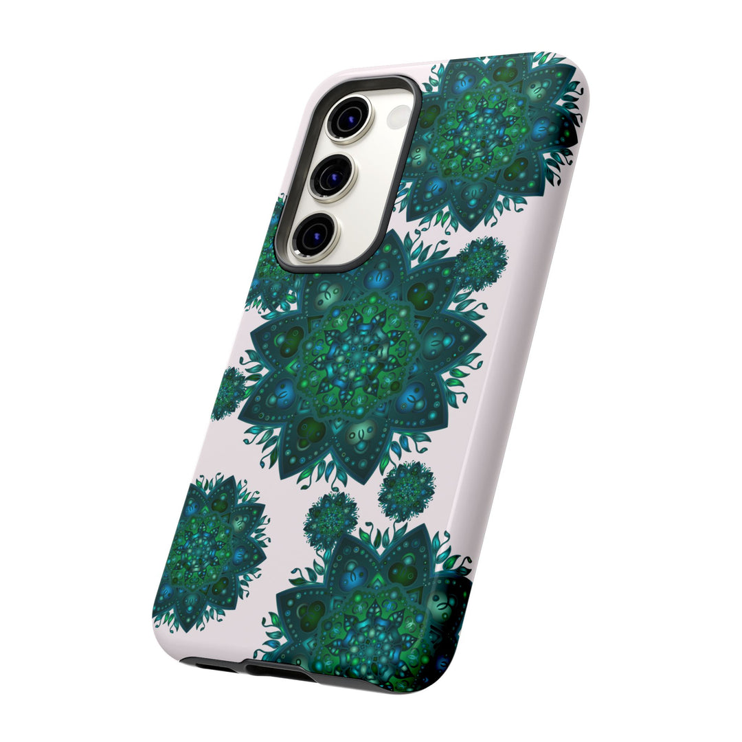 Beautiful light pink and green mandala phone case with a peaceful and intricate design, perfect for adding a touch of tranquility to your phone