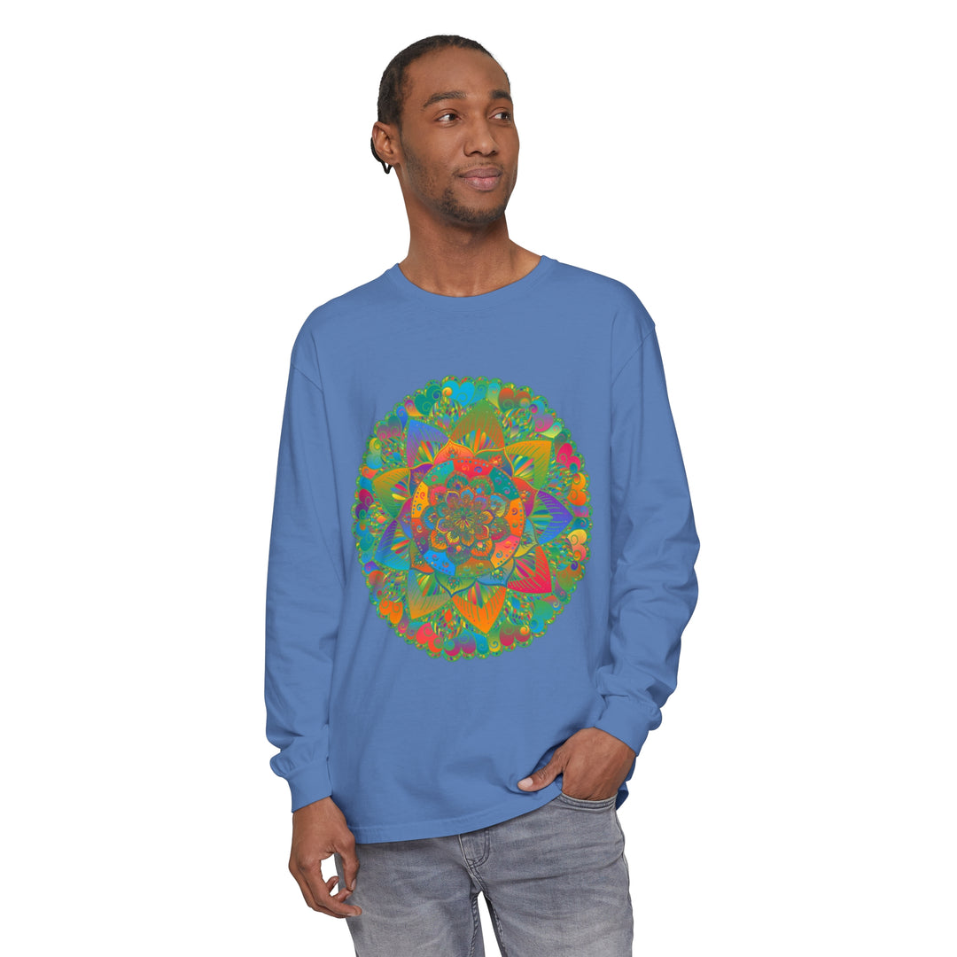 Colorful and intricate mandala design on a unisex long sleeve T-shirt