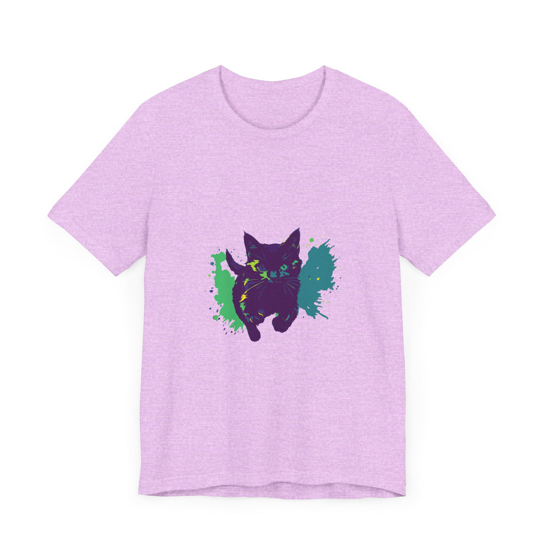 A vibrant and eye-catching t-shirt featuring a black cat surrounded by colorful splashes