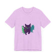 A vibrant and eye-catching t-shirt featuring a black cat surrounded by colorful splashes