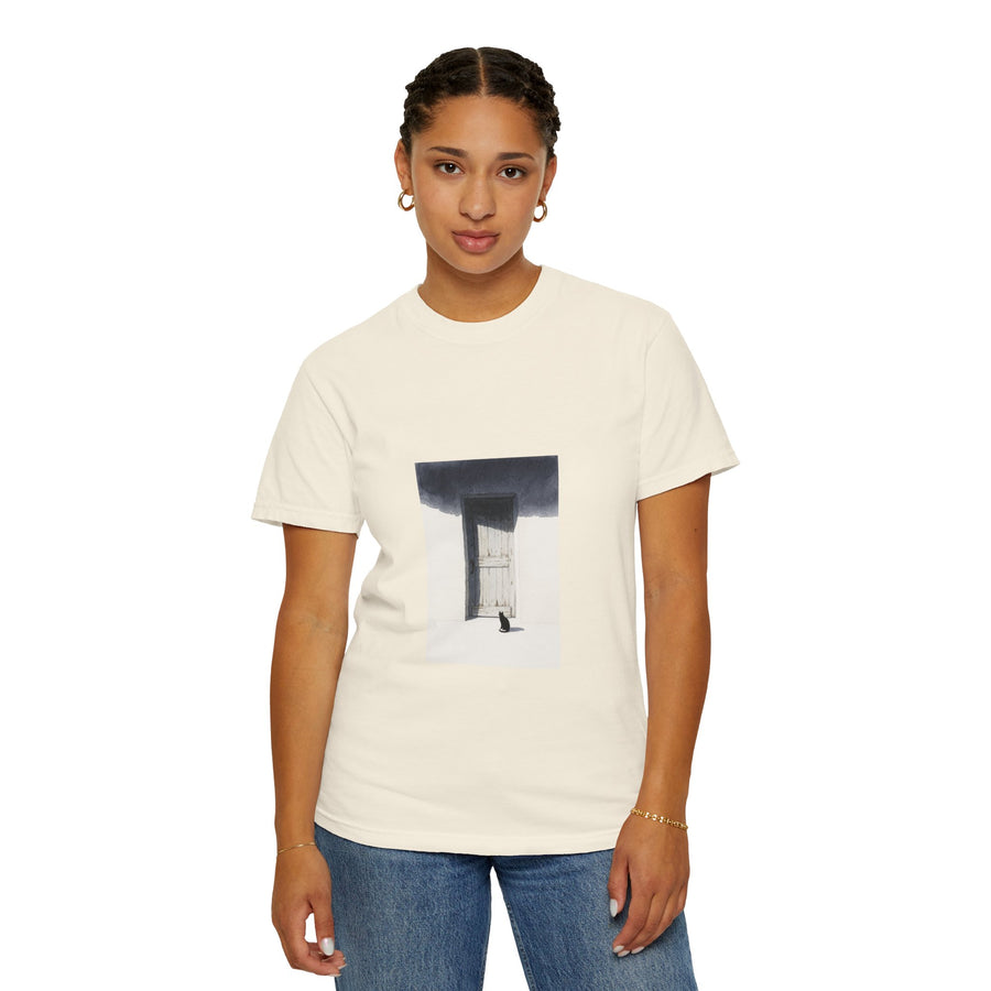 T-Shirt — Minimal Art Cat at Door Graphic Tee