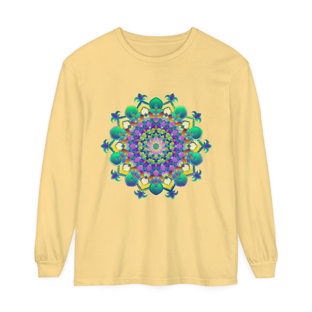 Colorful long sleeve t-shirt featuring intricate mandala design on front and sleeves