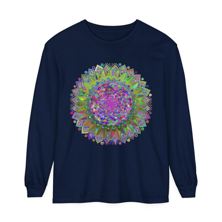 Vibrant Mandala Unisex Long Sleeve T-Shirt featuring intricate colorful mandala design on soft, comfortable fabric