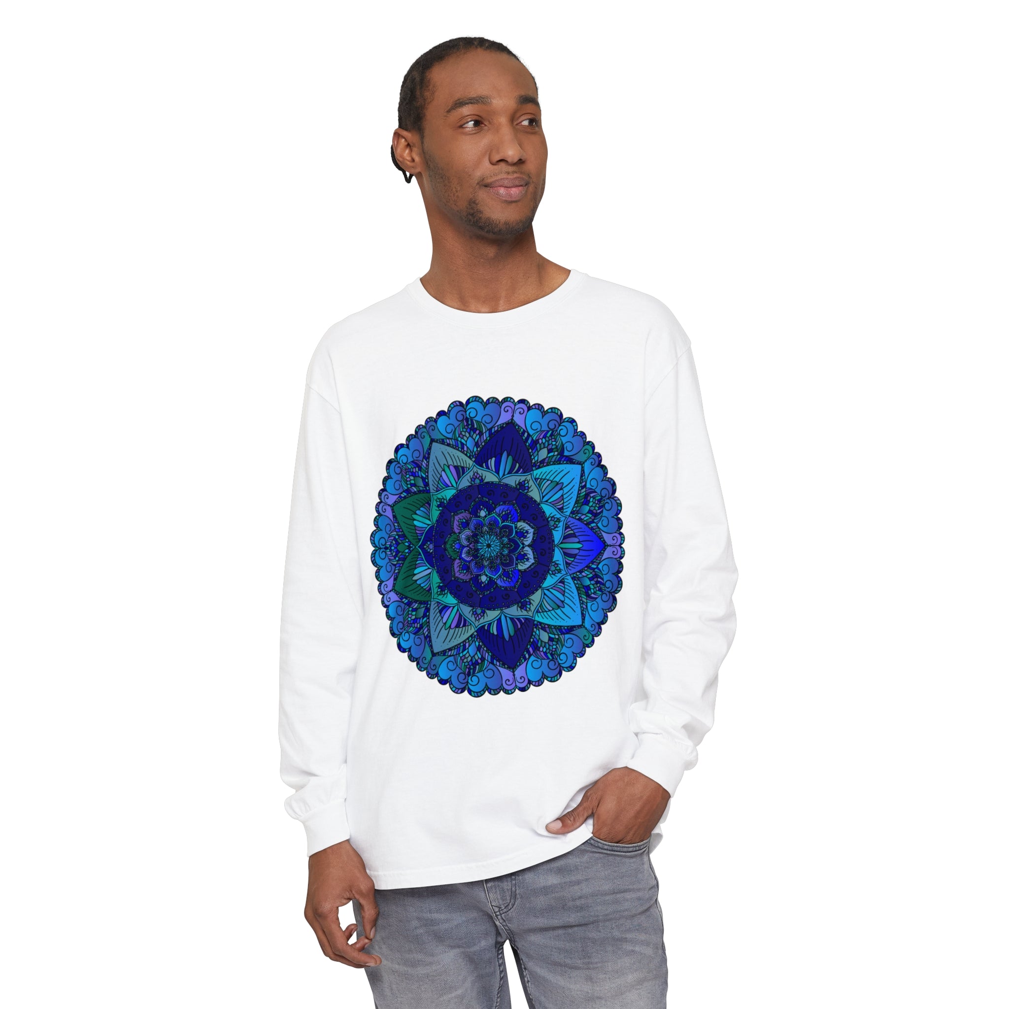 Dark blue and green mandala long sleeve t-shirt with intricate pattern