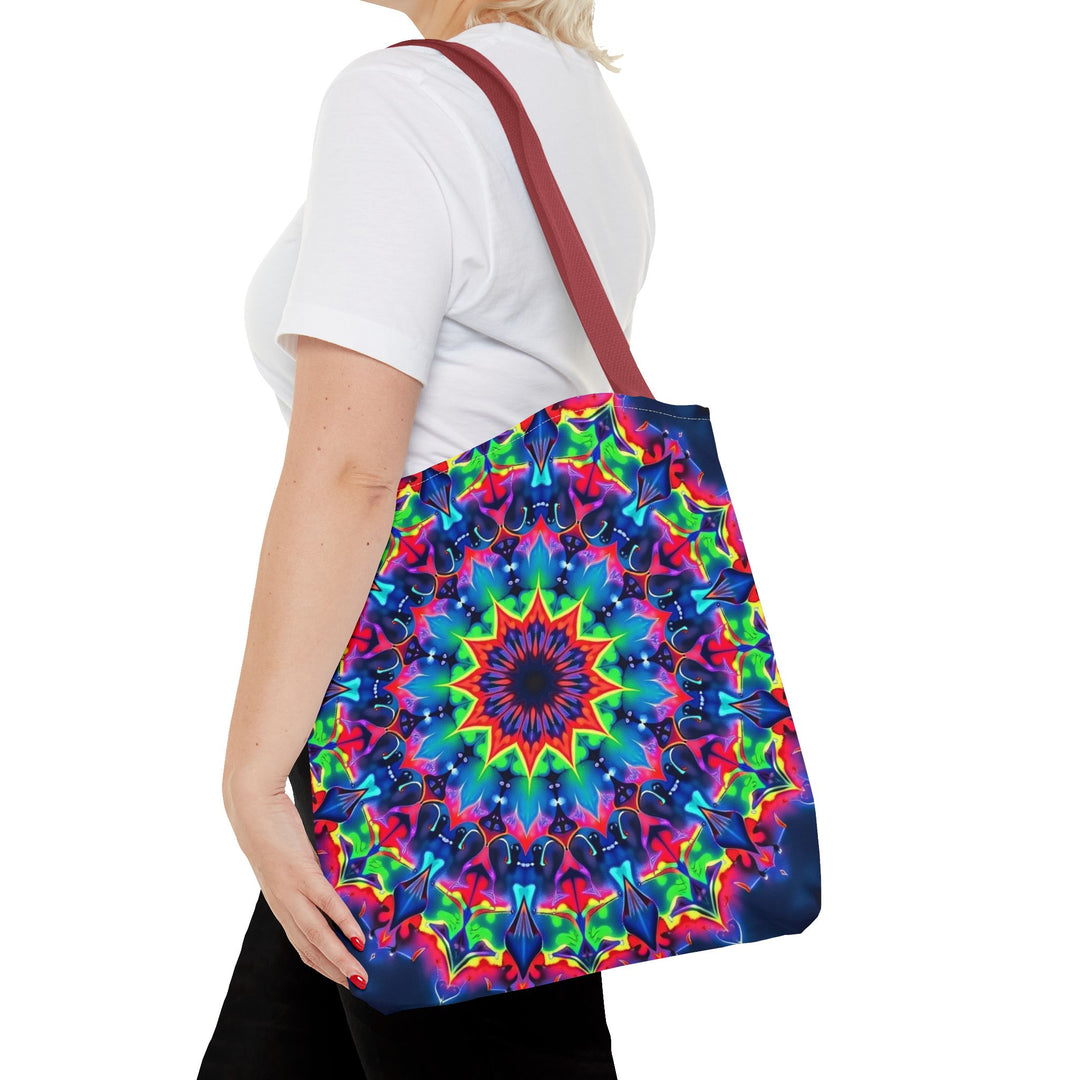 Colorful and intricate psychedelic mandala design tote bag for fashion and style