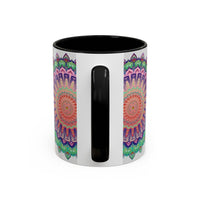 Beautiful handcrafted ceramic mug featuring a vibrant mandala floral design
